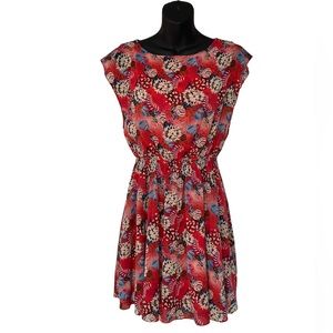alice + olivia Red Floral Silk Cap Sleeve Cinch Waist Lined Mini Dress